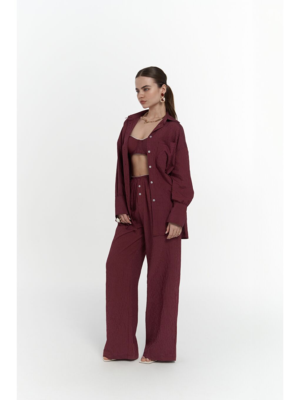 Melia Dantel Detay Bordo Üçlü Takım-2