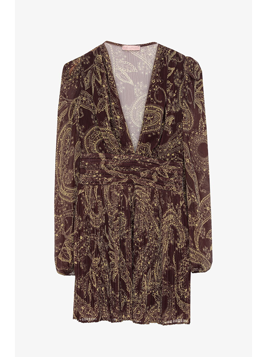 Desenli Piliseli V Yaka Mini Elbise Kahverengi