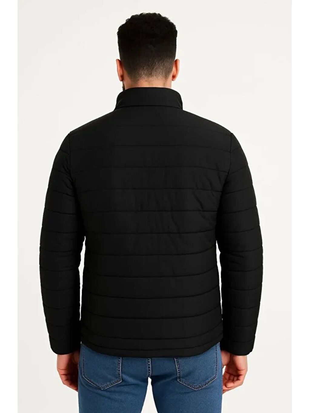 Siyah Erkek Mikro Su İtici Kapitone Baskılı Astarlı Fermuarlı Bomber Mont-1