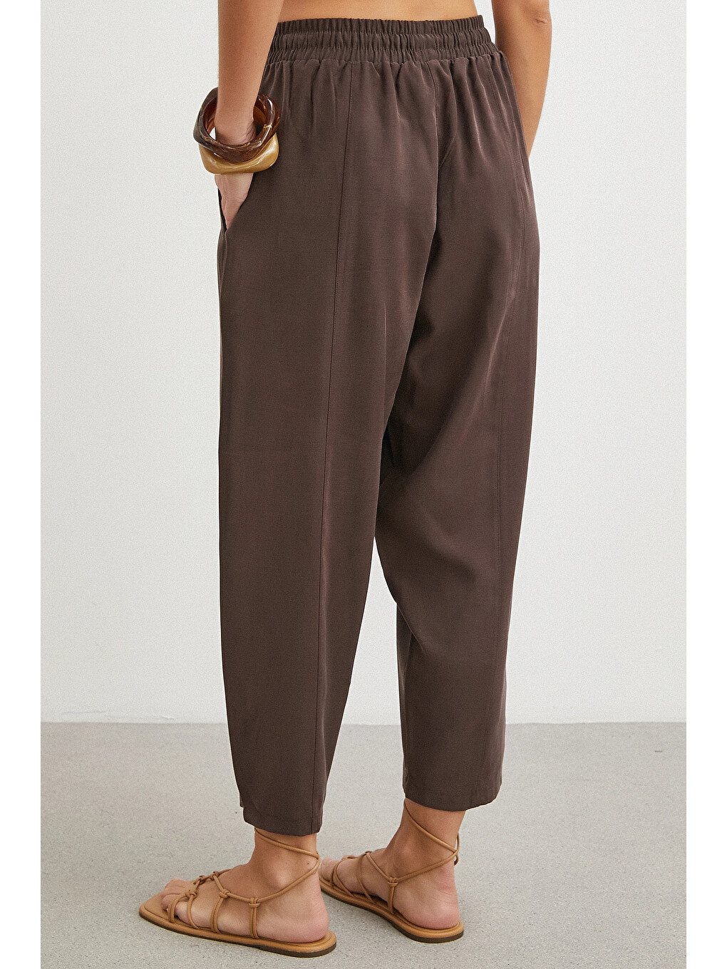 Karışık Bağcığı Boncuklu Salaş Pantolon Kahve-5