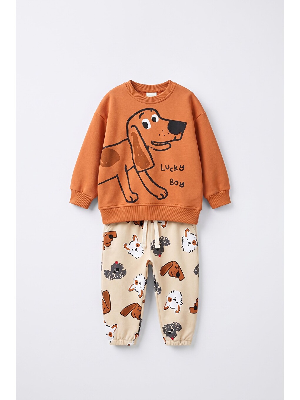 Karışık Çocuk Pamuklu Köpek Baskılı Turuncu Sweatshirt Ve Desenli Eşofman Altı Takımı-1