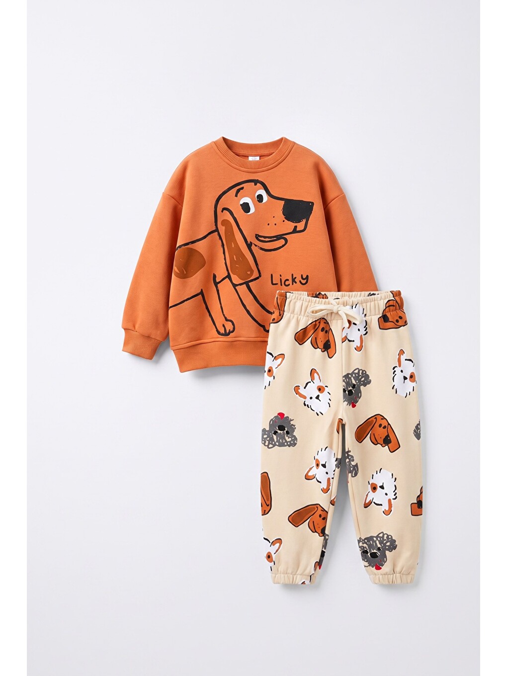 Karışık Çocuk Pamuklu Köpek Baskılı Turuncu Sweatshirt Ve Desenli Eşofman Altı Takımı-2