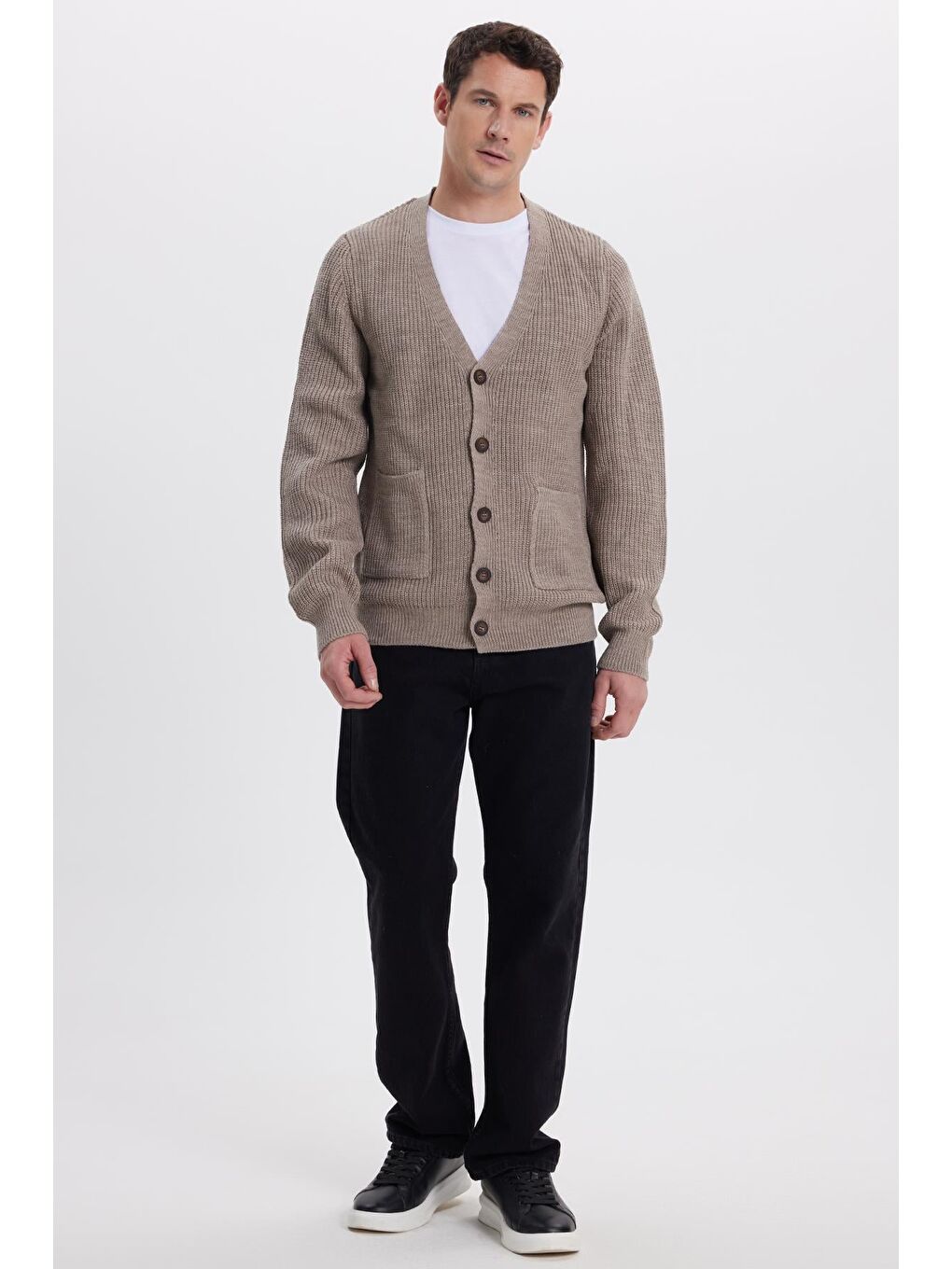 Erkek Standart Fit Normal Kesim V Yaka Düğmeli Kahverengi Hırka-3