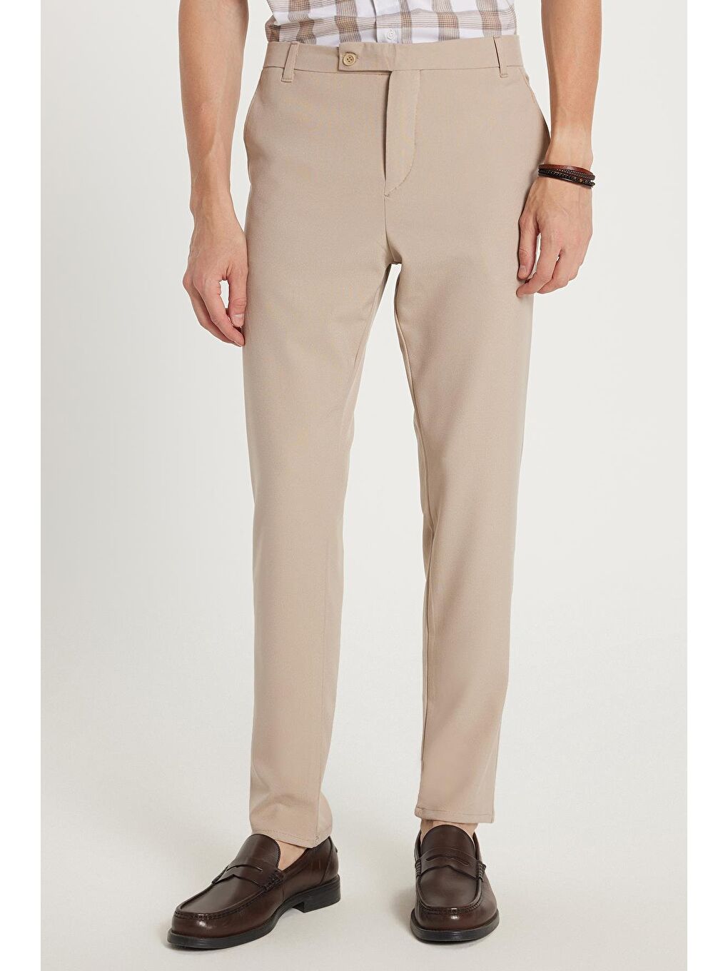 Bej Erkek Slim Fit Dar Kesim Chino Yandan Cepli Pamuklu Taş Pantolon