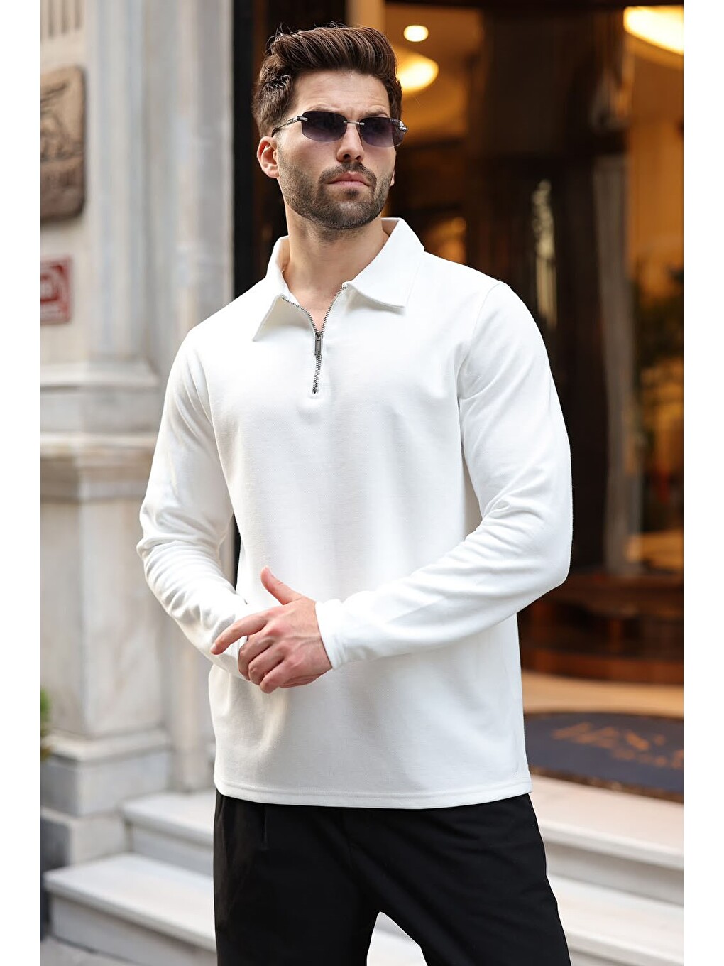 Ekru Yarım Fermuarlı Polo Yaka Dokulu Erkek Sweatshırt E7197