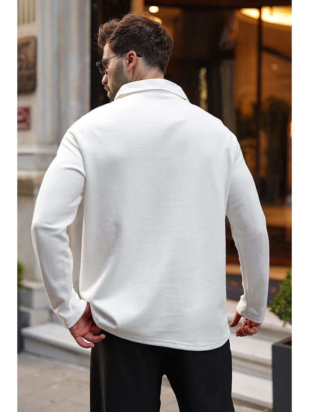 Ekru Yarım Fermuarlı Polo Yaka Dokulu Erkek Sweatshırt E7197-1