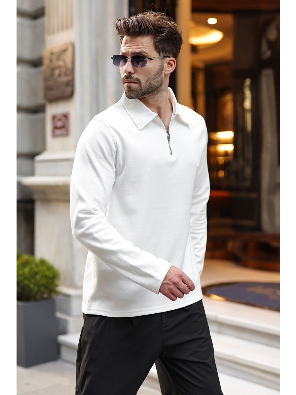 Ekru Yarım Fermuarlı Polo Yaka Dokulu Erkek Sweatshırt E7197-3