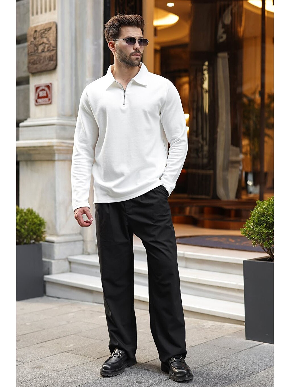 Ekru Yarım Fermuarlı Polo Yaka Dokulu Erkek Sweatshırt E7197-4
