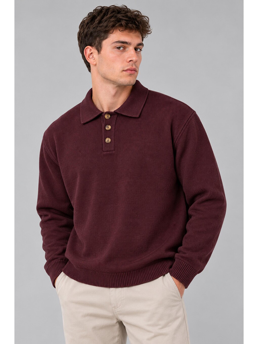 Bordo Oversize Düğmeli Yaka Örgü Kazak Dp 17501_10063