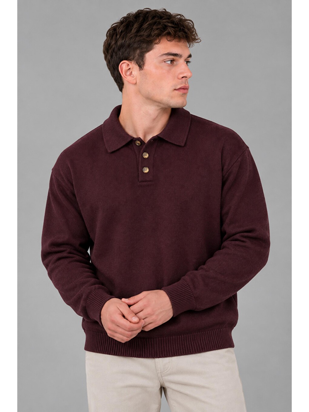 Bordo Oversize Düğmeli Yaka Örgü Kazak Dp 17501_10063-1