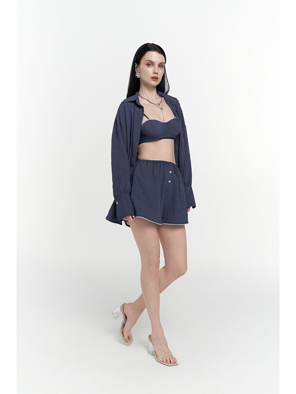 Leda Dantel Detay Şortlu İndigo Üçlü Takım-2