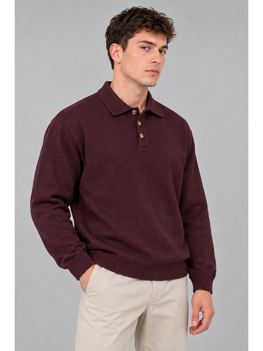 Bordo Oversize Düğmeli Yaka Örgü Kazak Dp 17501_10063-2