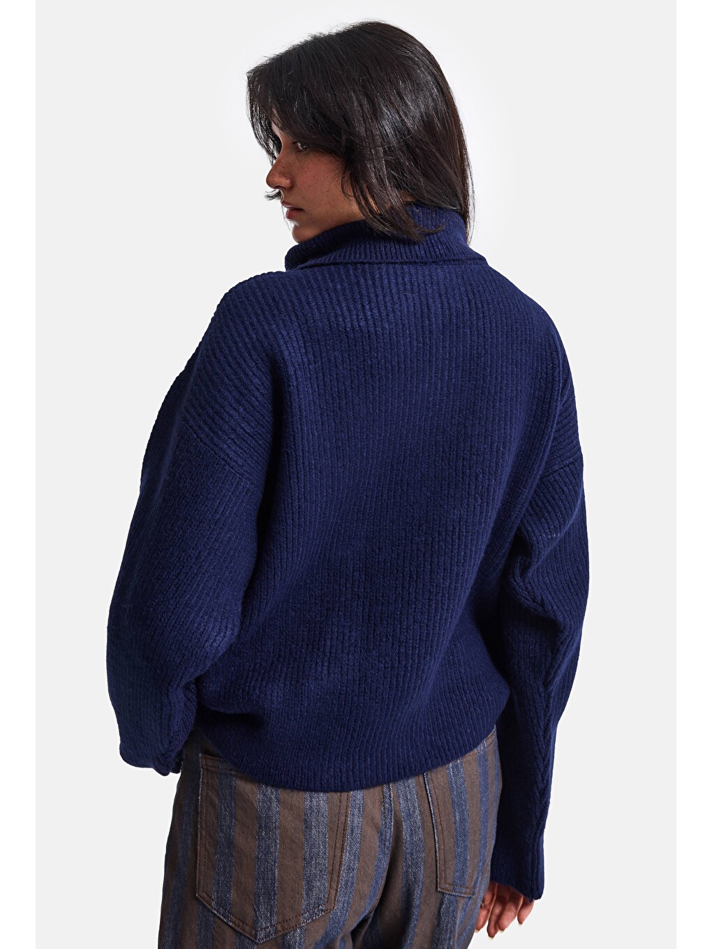 Kadın Lacivert W6-56 Oversize Fermuarlı Triko Kazak-5