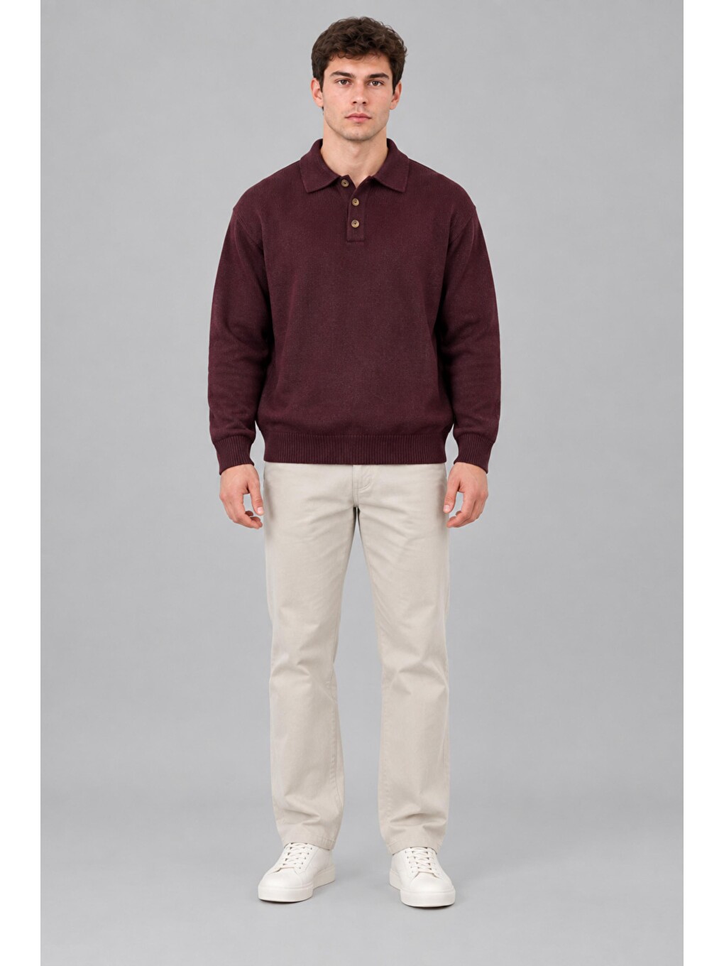 Bordo Oversize Düğmeli Yaka Örgü Kazak Dp 17501_10063-3