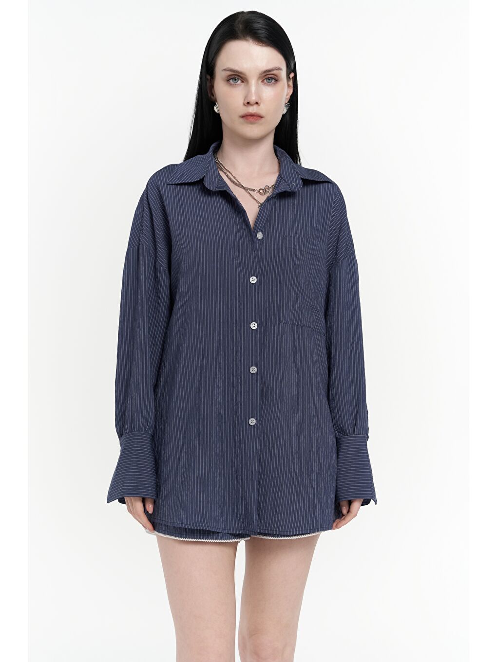 Leda Dantel Detay Şortlu İndigo Üçlü Takım-3