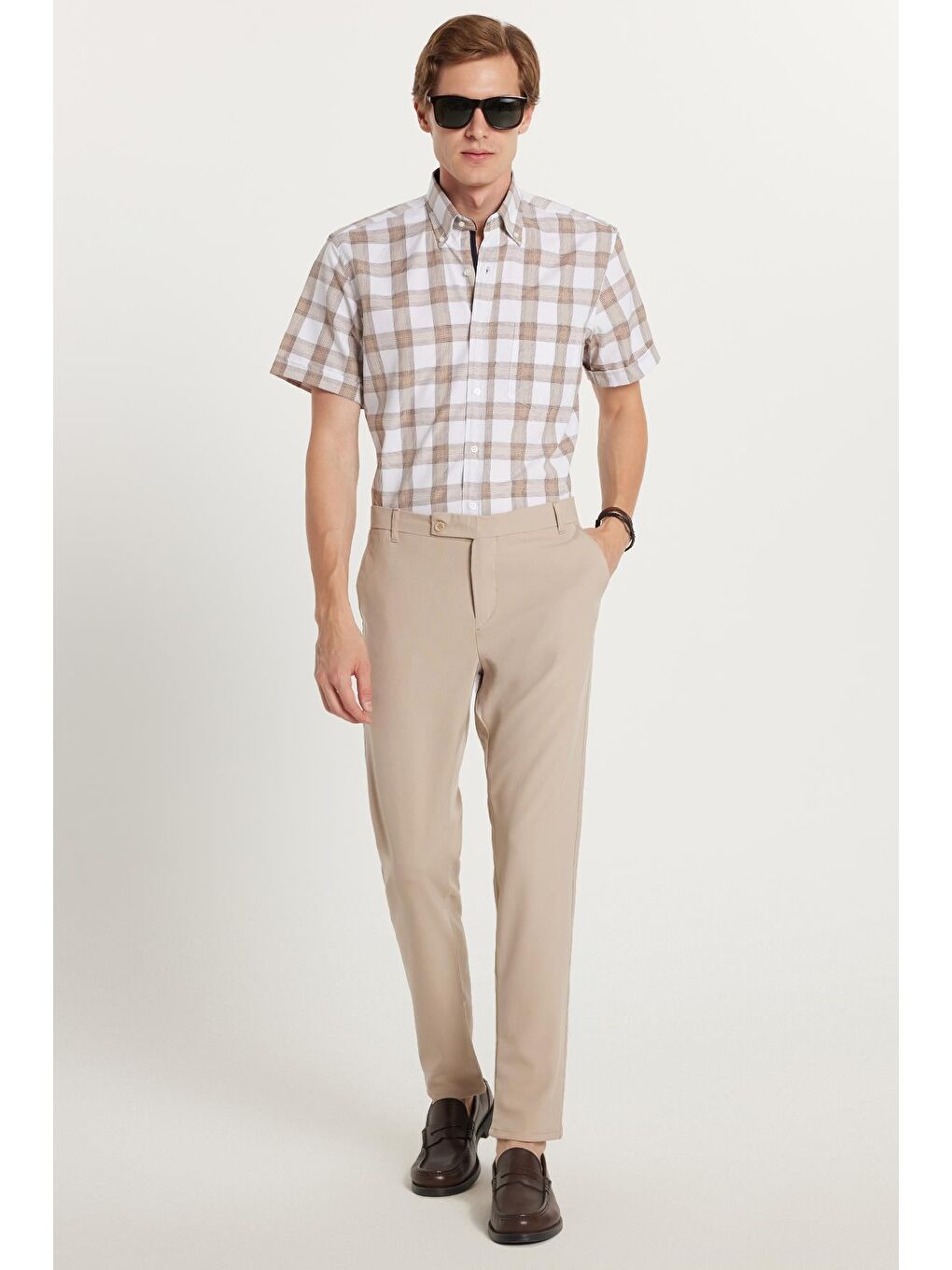 Bej Erkek Slim Fit Dar Kesim Chino Yandan Cepli Pamuklu Taş Pantolon-1