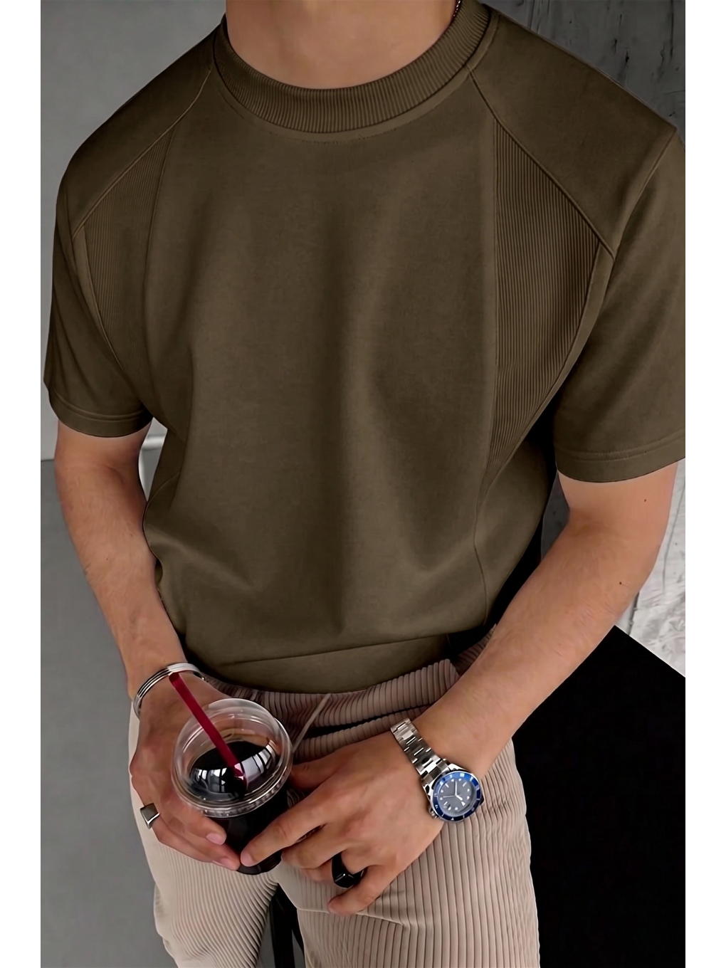 Haki Erkek Tişört Basic Bisiklet Yaka Tişört Rahat Kesim Dökümlü Günlük Spor Tshirt