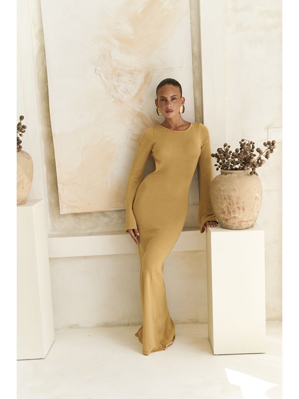 Sarı Nadias Pencere Detay Hardal Triko Uzun Elbise