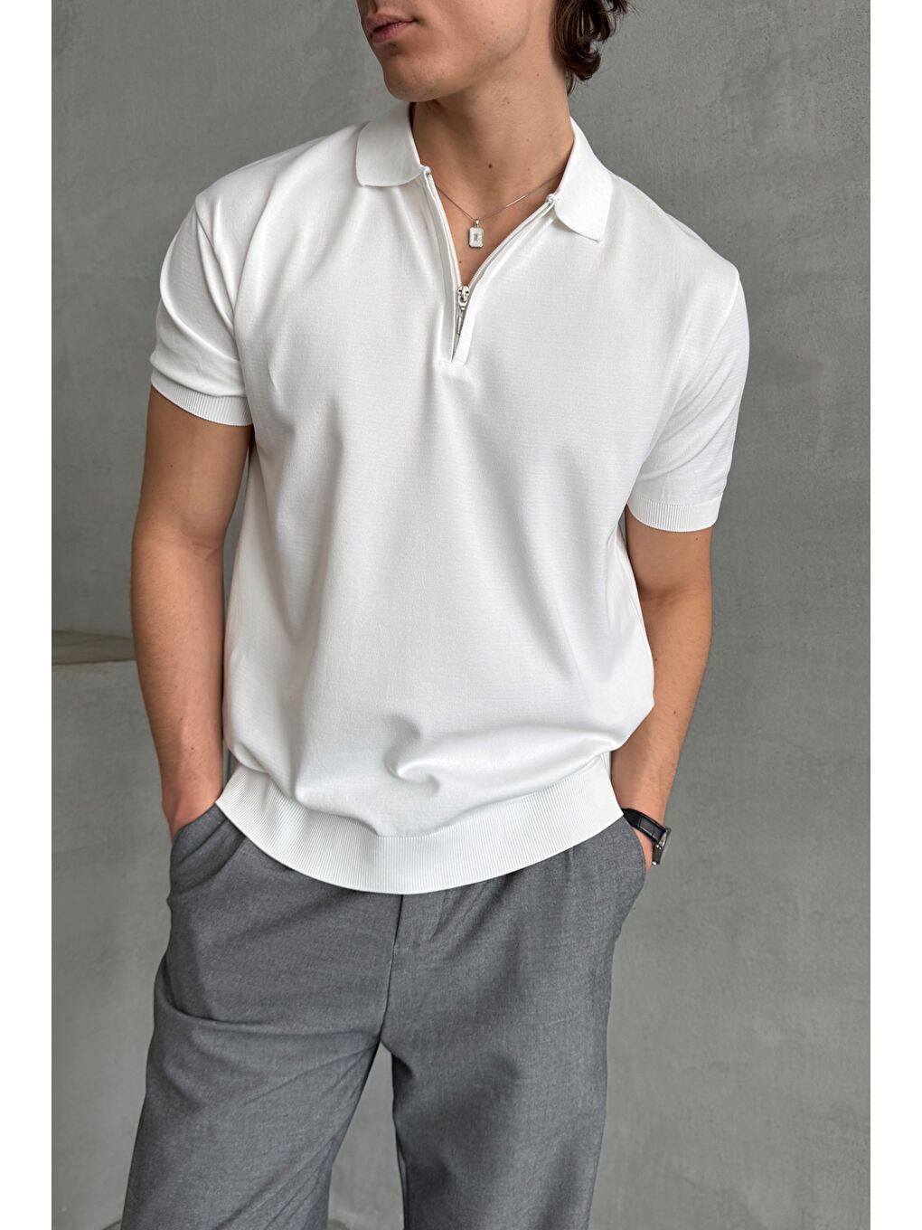 Beyaz Erkek Oversize Fermuarlı Polo Yaka Triko T-Shirt