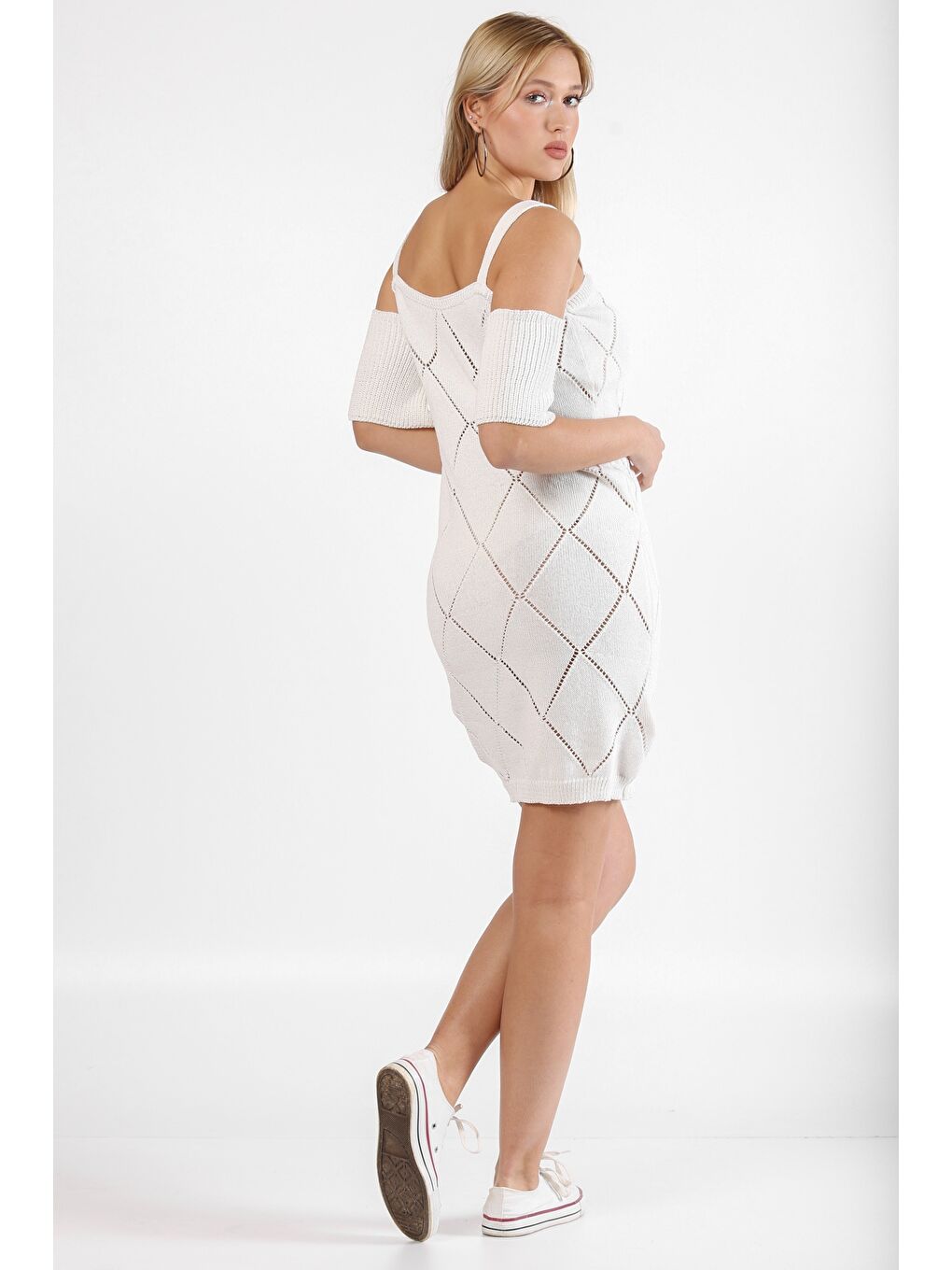 Beyaz Askılı Mini Triko Elbise-1