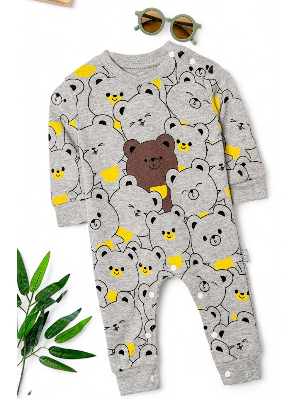 Gri Erkek Bebek Hello Ayılar Baskılı Mevsimlik Yeni Doğan Alttan Çıtçıtlı 0-3-6-9-12 Ay Tulum