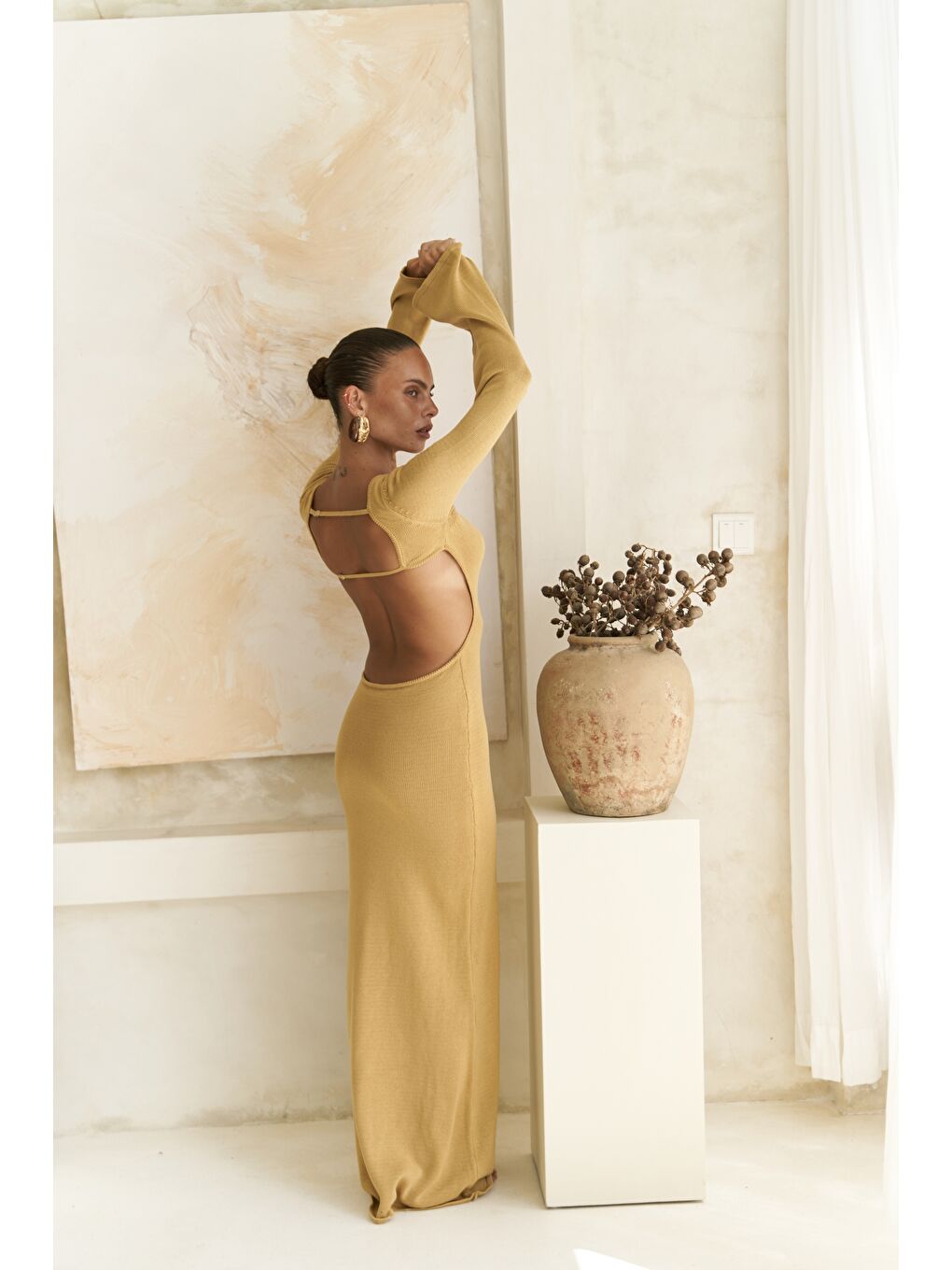 Sarı Nadias Pencere Detay Hardal Triko Uzun Elbise-1