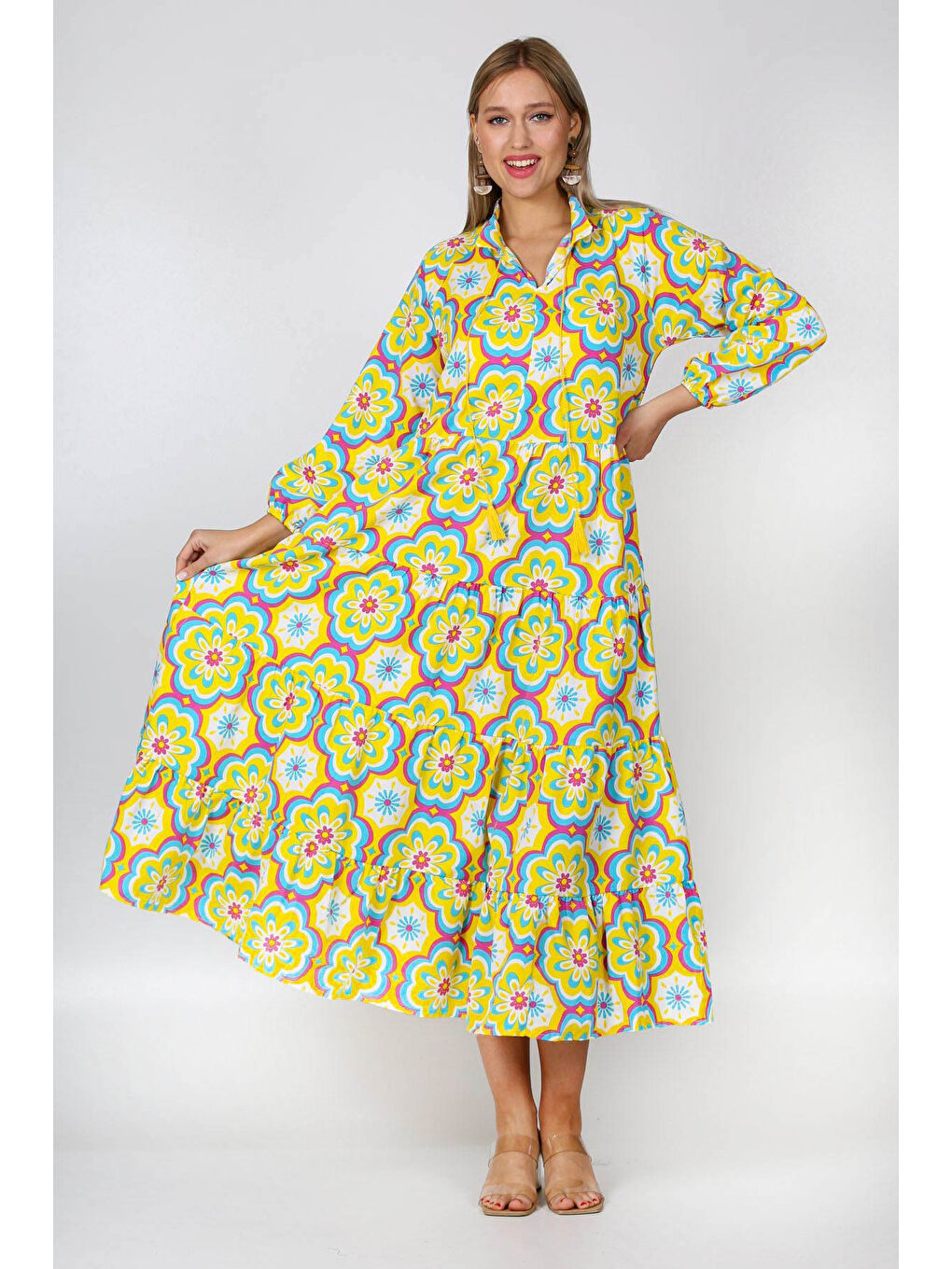 Bej Sarı Hakim Yaka Balon Kol Çiçekli Allover Baskılı Geniş Kesim Dokuma Elbise
