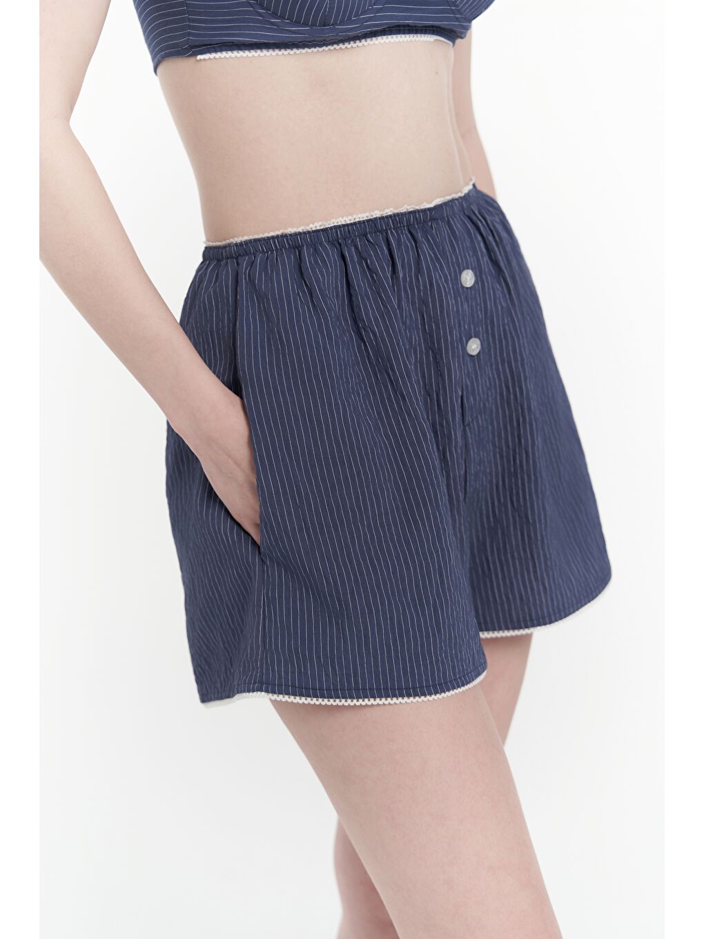 Leda Dantel Detay Şortlu İndigo Üçlü Takım-7