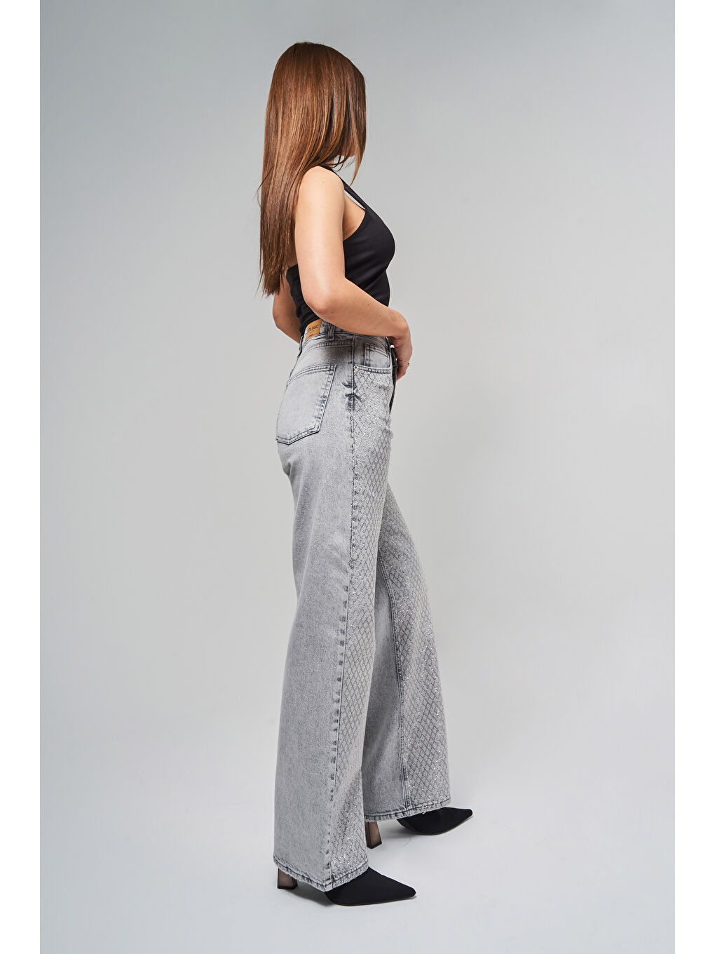 Kadın Gri Renk T-4S5-12 Straight Fit Esnek Kumaş Parlak Taşlı İç Boy 80cm Tasarım Denim Jean-4