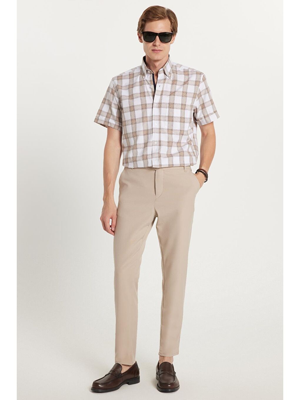 Bej Erkek Slim Fit Dar Kesim Chino Yandan Cepli Pamuklu Taş Pantolon-3