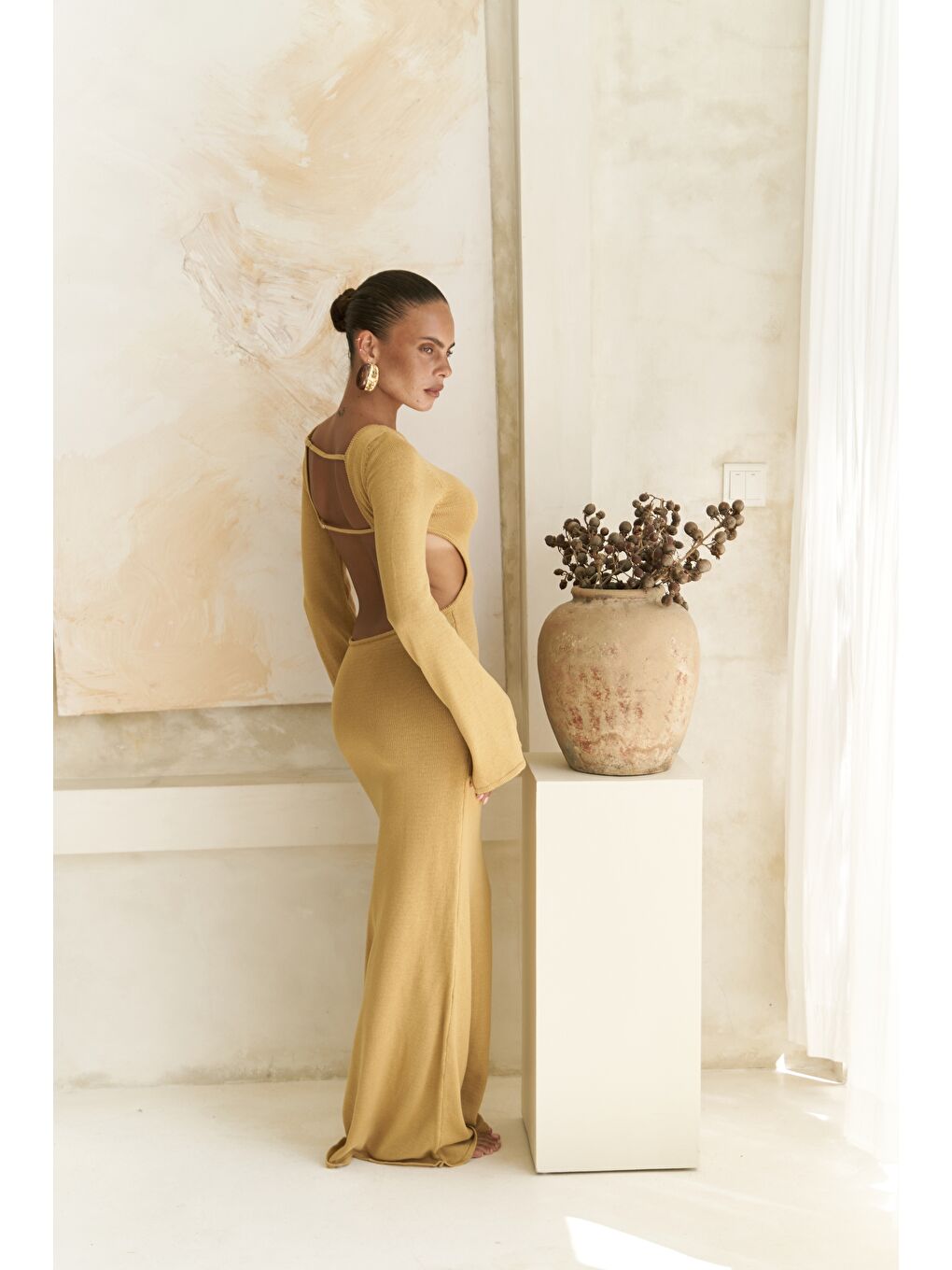 Sarı Nadias Pencere Detay Hardal Triko Uzun Elbise-2