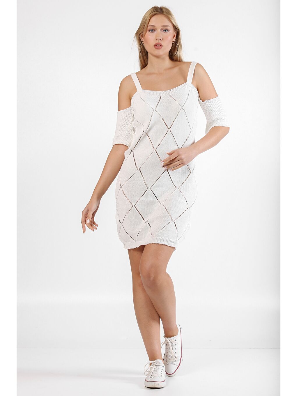 Beyaz Askılı Mini Triko Elbise-2