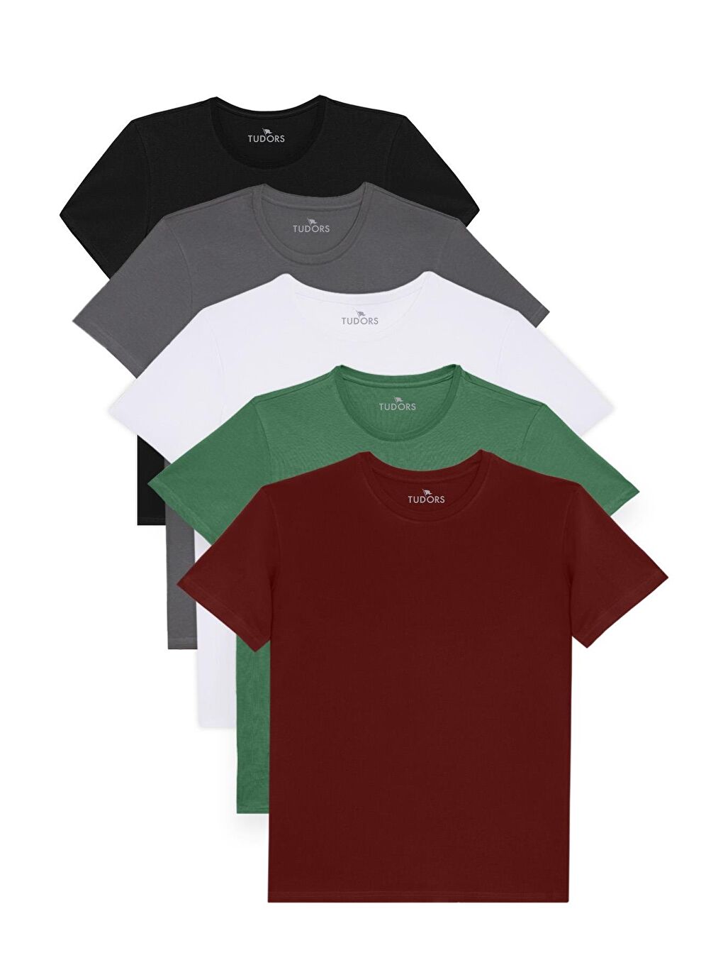 Karışık Unisex 5'Li Paket Siyah-Beyaz-Bordo-Z.Yeşili-Gri Slim Fit Dar Kesim %100 Pamuk Bisiklet Yaka Tişört