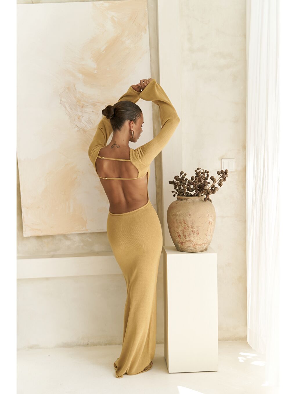 Sarı Nadias Pencere Detay Hardal Triko Uzun Elbise-3