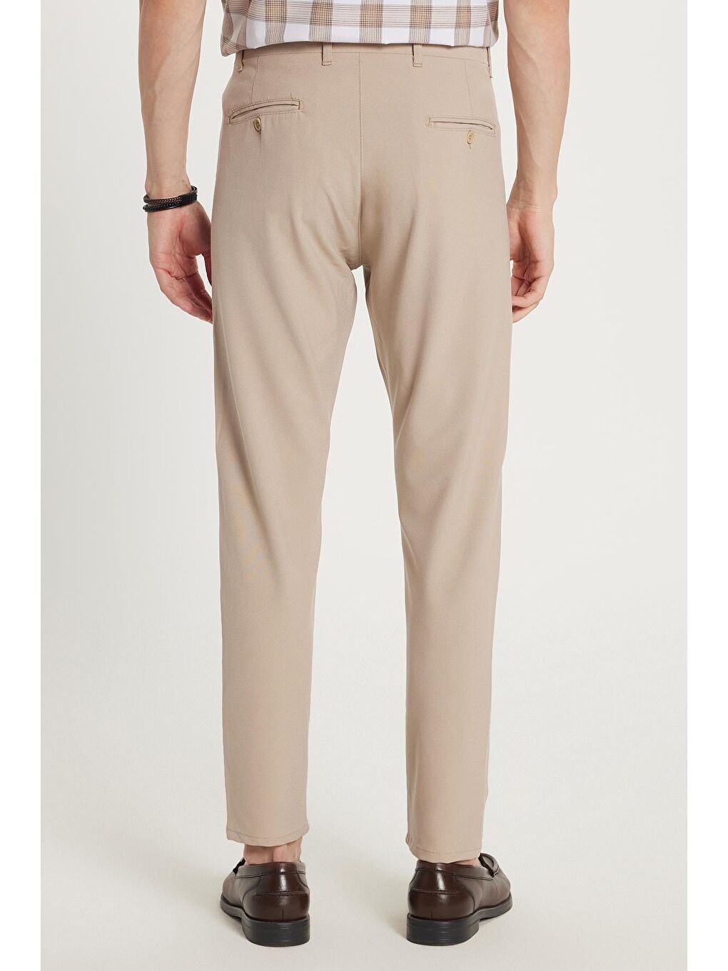 Bej Erkek Slim Fit Dar Kesim Chino Yandan Cepli Pamuklu Taş Pantolon-4