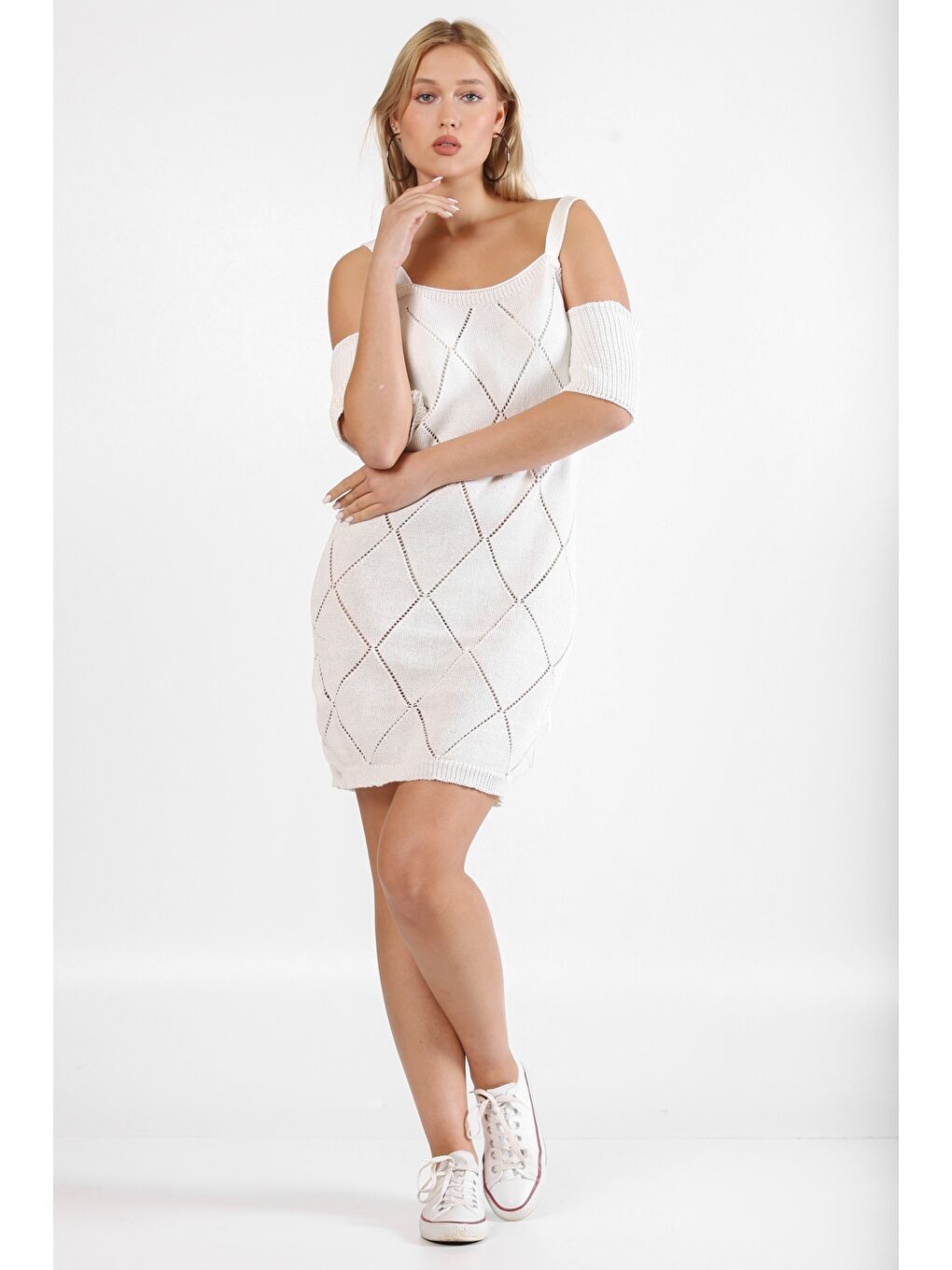 Beyaz Askılı Mini Triko Elbise-3