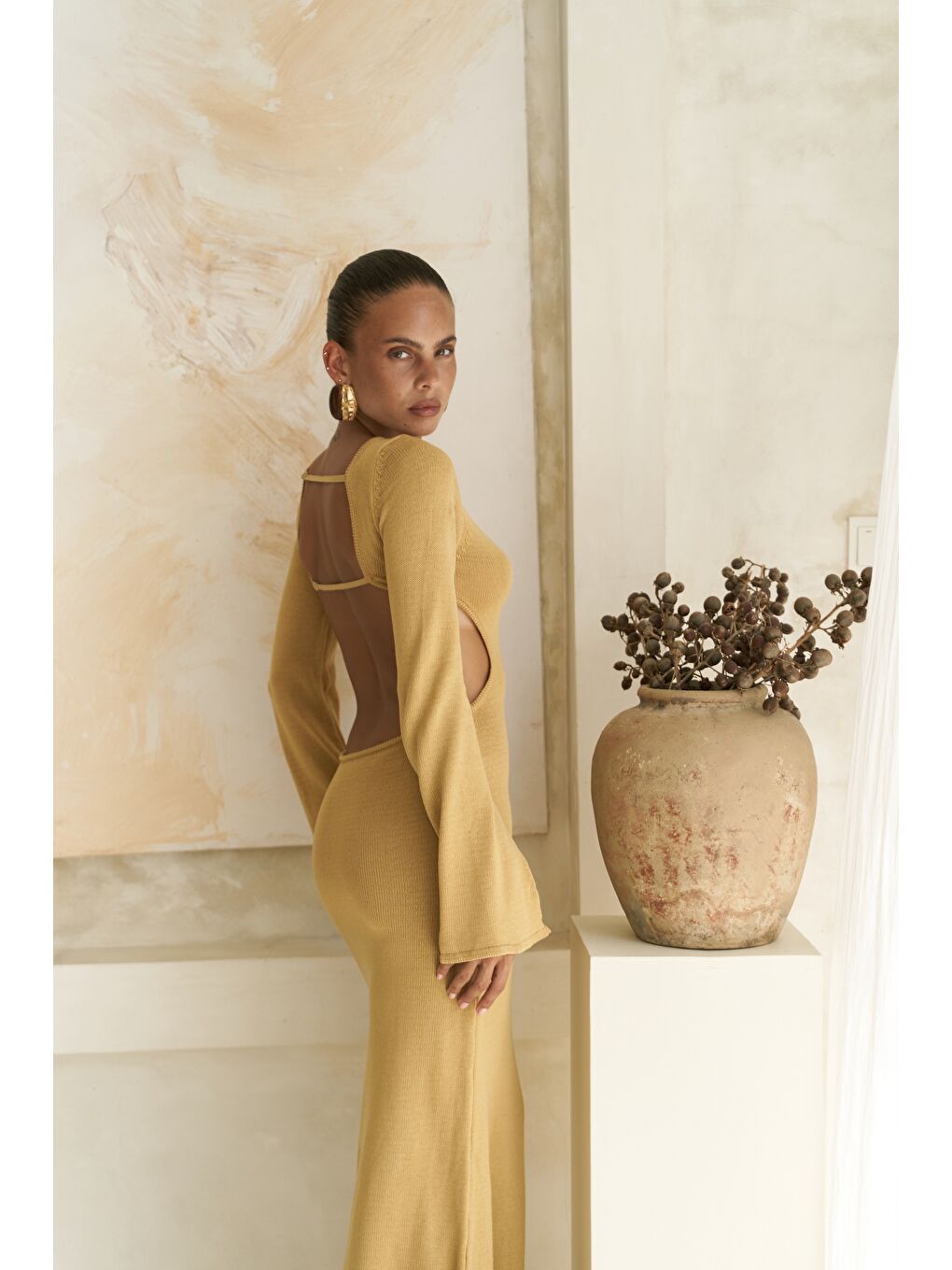 Sarı Nadias Pencere Detay Hardal Triko Uzun Elbise-5