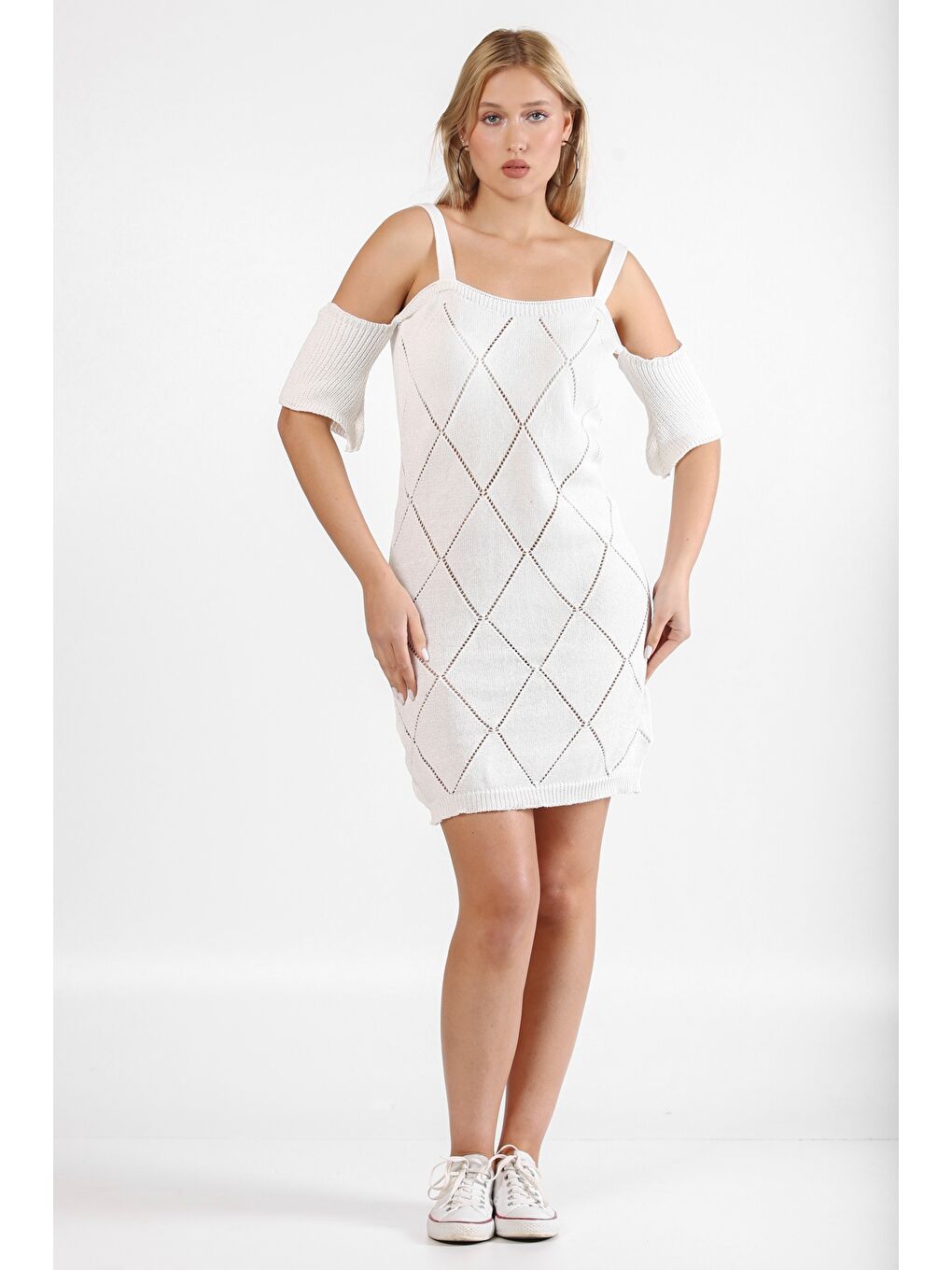 Beyaz Askılı Mini Triko Elbise-4