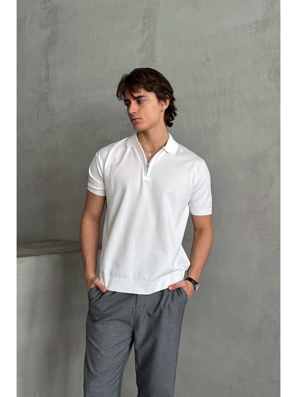 Beyaz Erkek Oversize Fermuarlı Polo Yaka Triko T-Shirt-1