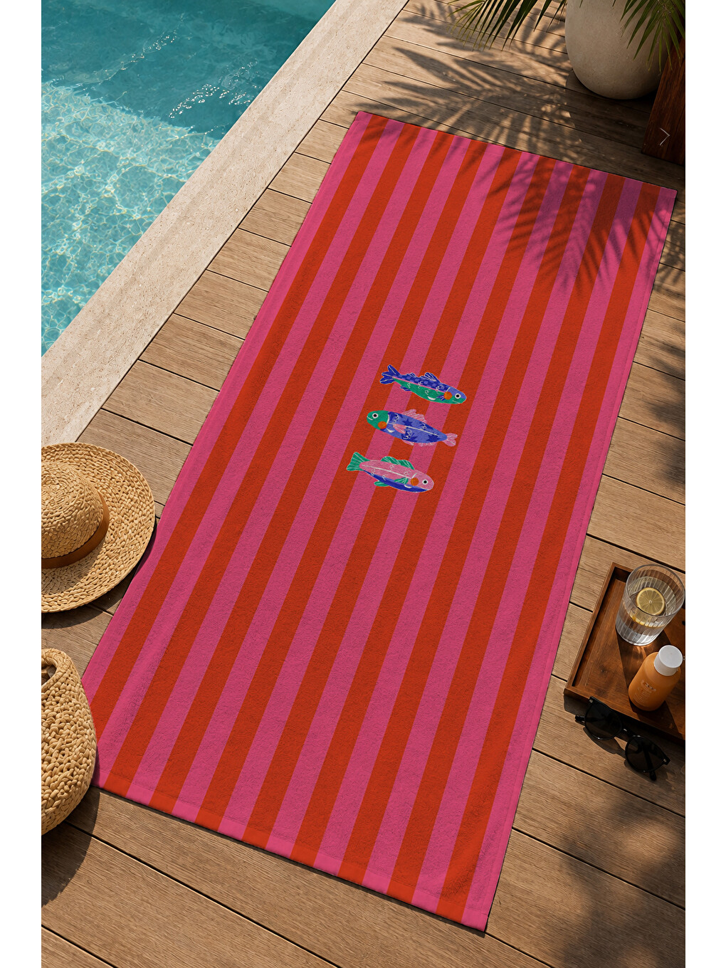 Pembe Kırmızı Çizgili Yaz Sloganlı 70x150 Cm Dijital Baskılı Plaj Ve Banyo Havlusu-2