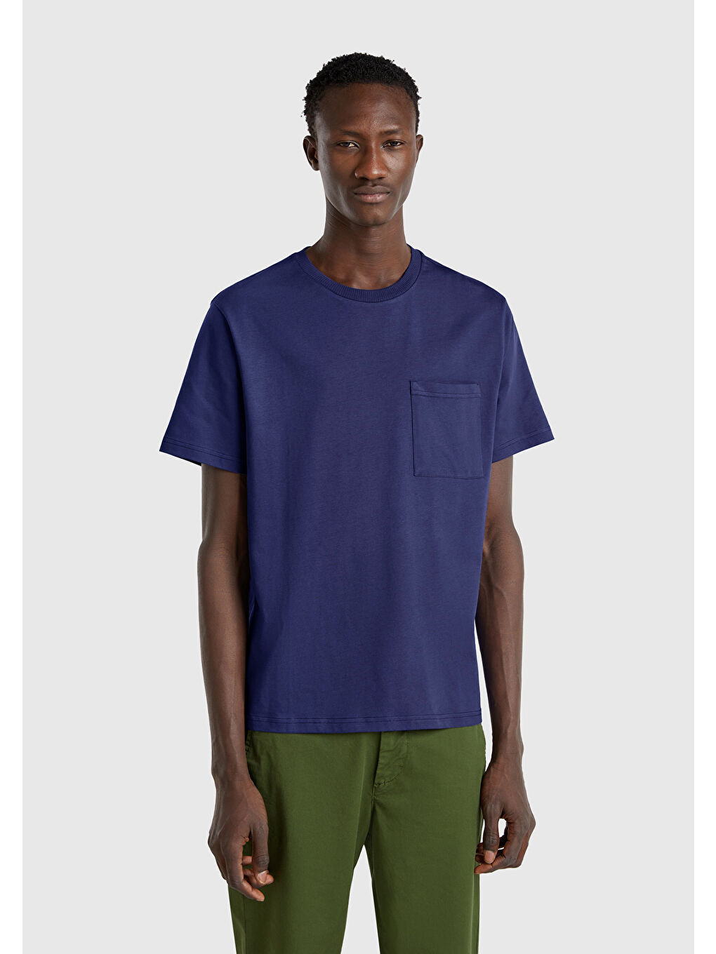 Erkek Lavanta Mavisi %100 Pamuk Yama Cep Detaylı Oversize Tişört