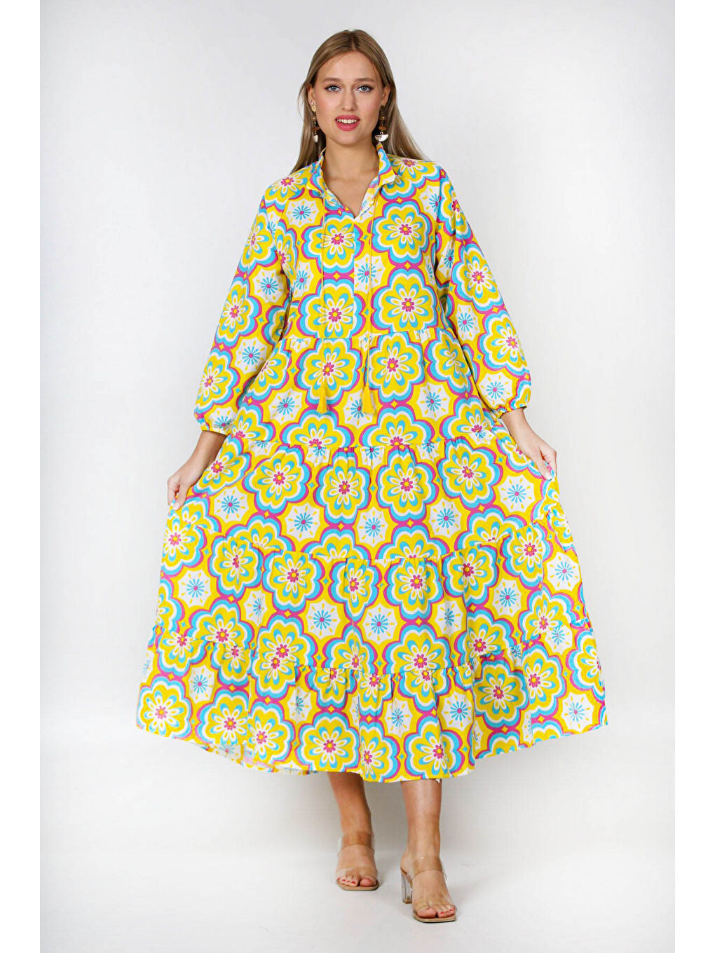 Bej Sarı Hakim Yaka Balon Kol Çiçekli Allover Baskılı Geniş Kesim Dokuma Elbise-2