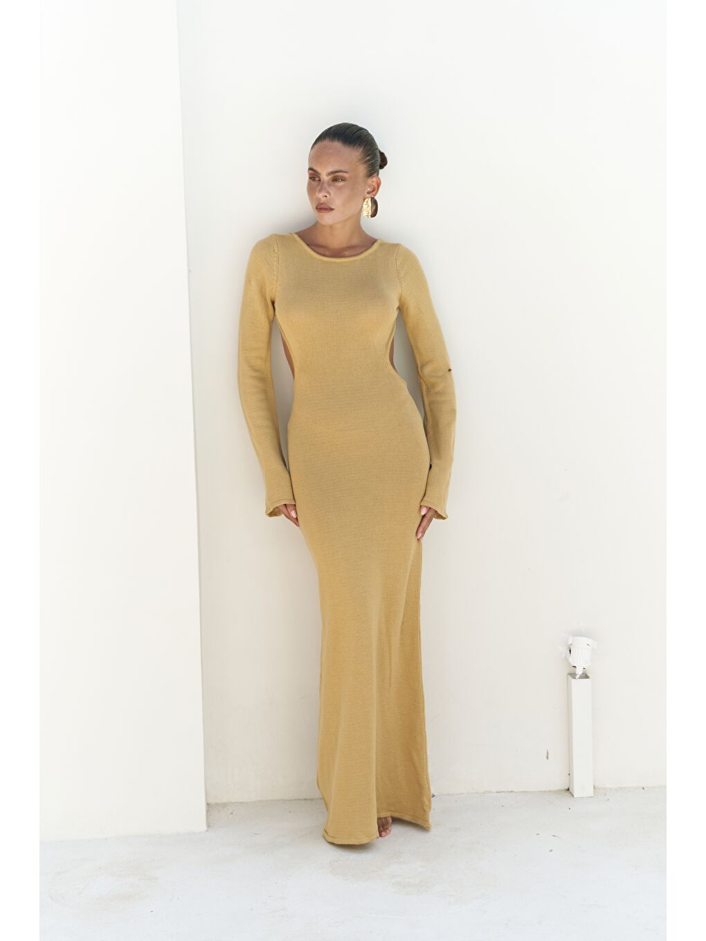 Sarı Nadias Pencere Detay Hardal Triko Uzun Elbise-7