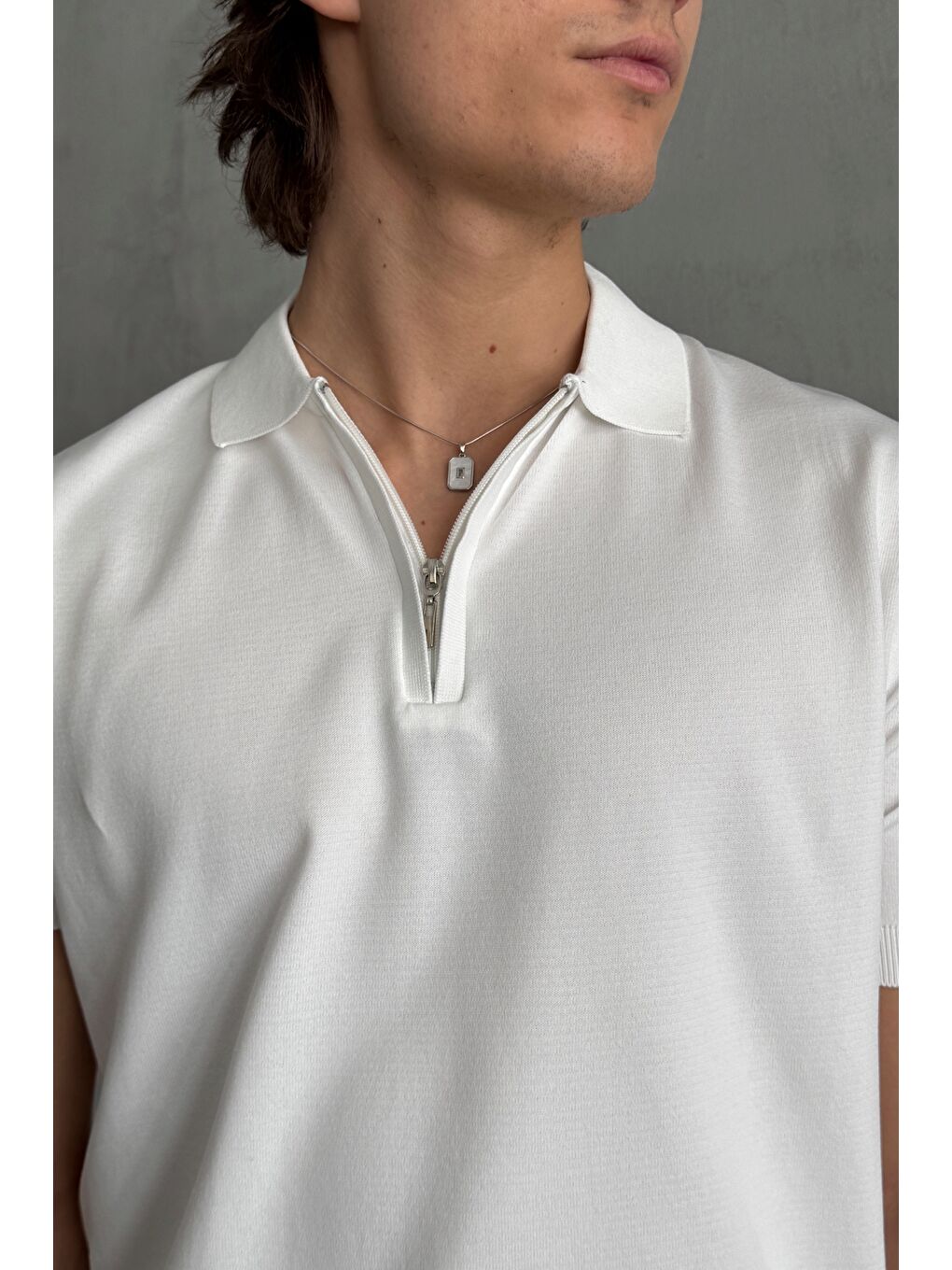 Beyaz Erkek Oversize Fermuarlı Polo Yaka Triko T-Shirt-2