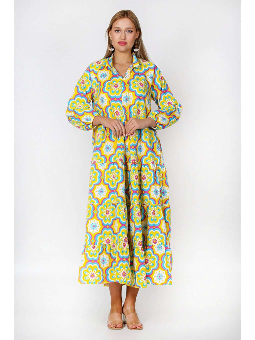 Bej Sarı Hakim Yaka Balon Kol Çiçekli Allover Baskılı Geniş Kesim Dokuma Elbise-3