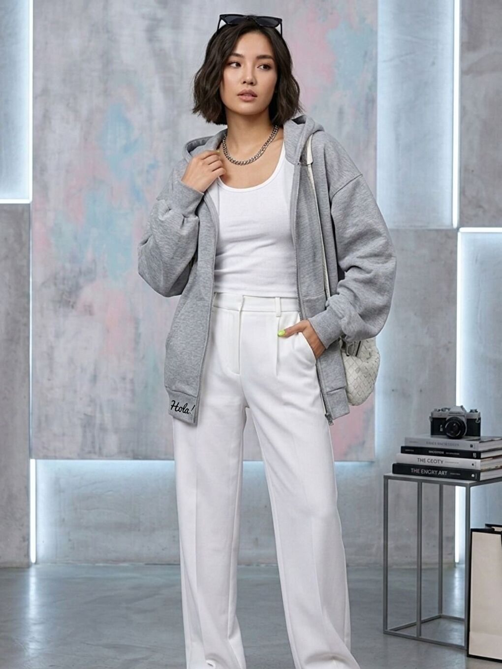 Kadın Gri Hola Baskılı Hırka