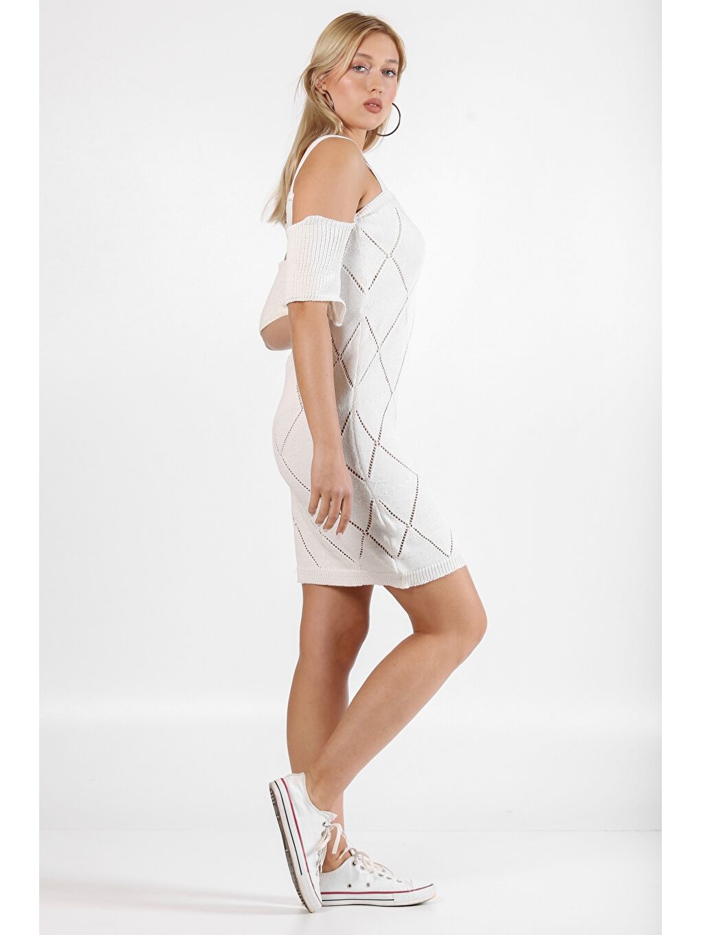 Beyaz Askılı Mini Triko Elbise-6