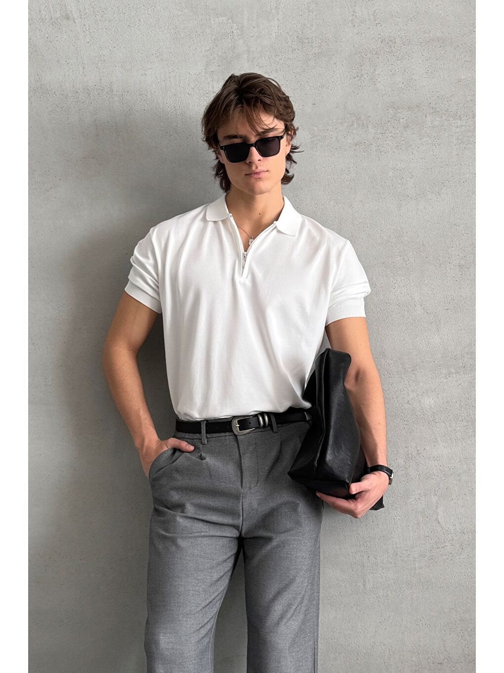 Beyaz Erkek Oversize Fermuarlı Polo Yaka Triko T-Shirt-3