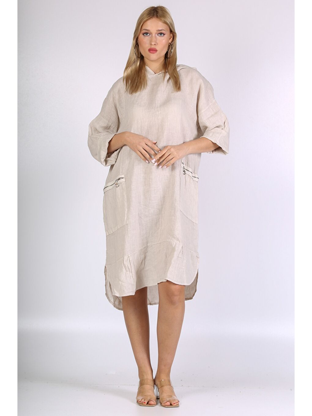 İtalyan Bej 3/4 Kol Cepli Kapüşonlu Keten. Dokuma Elbise-2