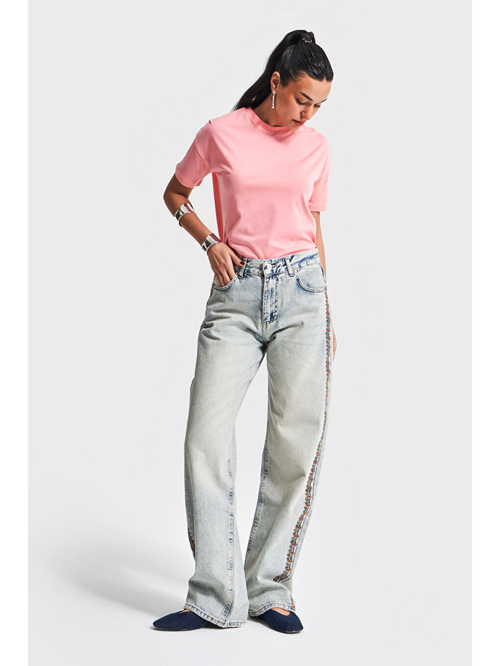 Mavi Kadın T.Kot Rengi 4S5-80 Yandan Nakışlı Loose Fit Orta Bel Tasarım Denim Jean-2